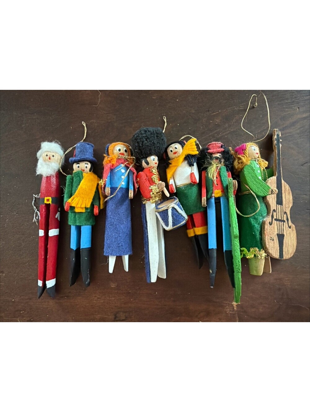 7 Vintage Hand Crafted Christmas Ornaments Clothes Pins Felt Wood Retro 70s